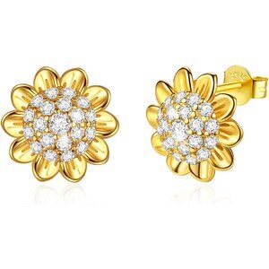 Sunflower CZ Stud Earrings Gold Plated 925 Sterling Silver NWT